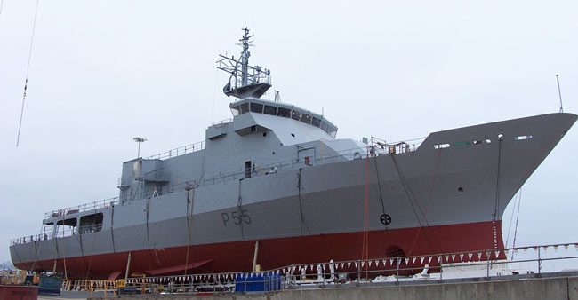 HMNZS Wellington P55 OPV ship design by Vard Marine at launching ceremony starboard view